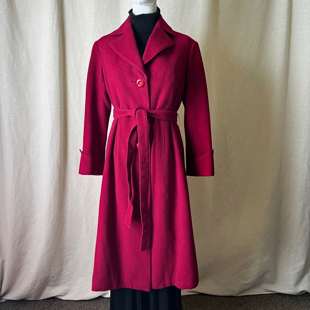 Vintage Red Wool Belted Coat‎ XS S Quilted Zip Out Lining